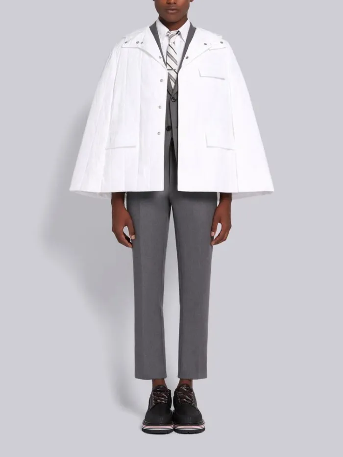 Down Filled Poly Twill Center Back Stripe Hooded Cape White Men Thom Browne Outerwear