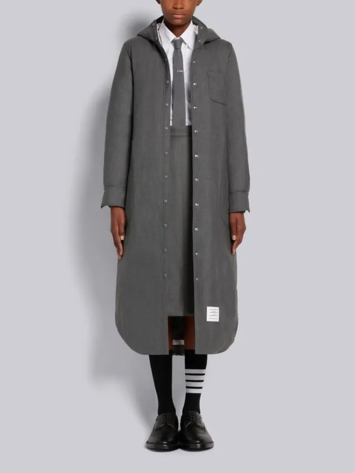 Downfilled Super 120039s Wool Twill Drawstring Midcalf Hooded Shirtdress Medium Grey Women Thom Browne Outerwear