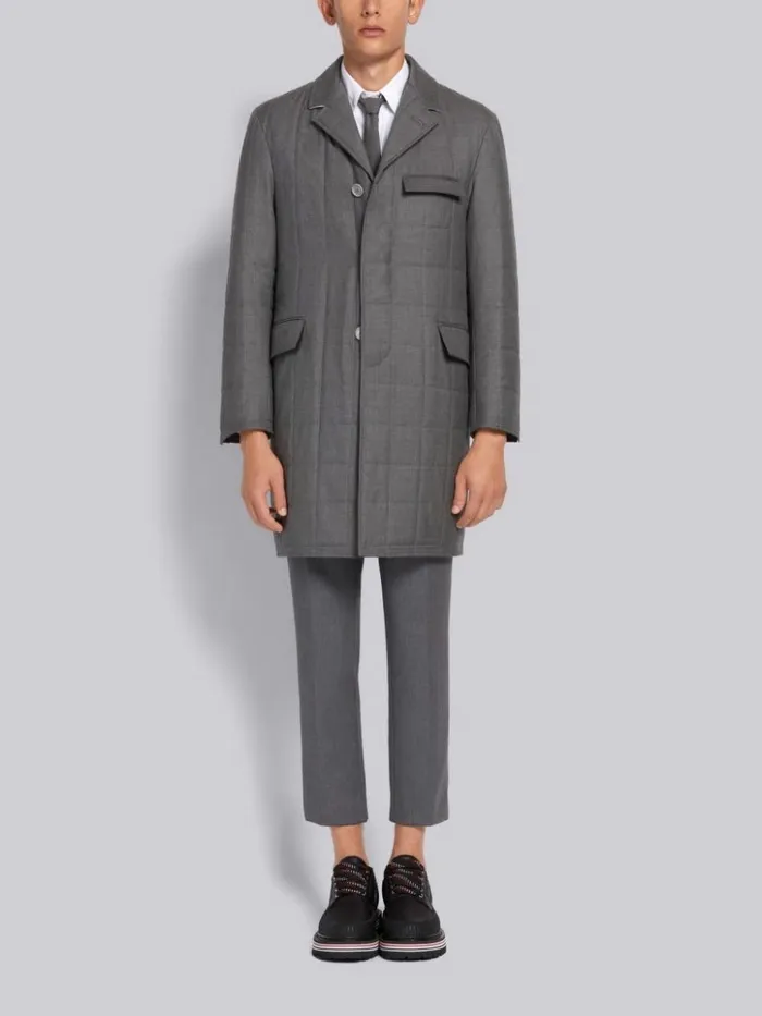 Down Filled Super 120s Twill Classic Chesterfield Overcoat Medium Grey Men Thom Browne Outerwear Down Filled Super 120s Twill Classic Chesterfield Overcoat Medium Grey Men Thom Browne Outerwear