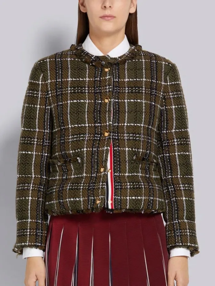 Downfilled Tartan Check Tweed Frayed Oversized Cardigan Sport Coat Dark Green Women Thom Browne Outerwear Downfilled Tartan Check Tweed Frayed Oversized Cardigan Sport Coat Dark Green Women Thom Browne Outerwear
