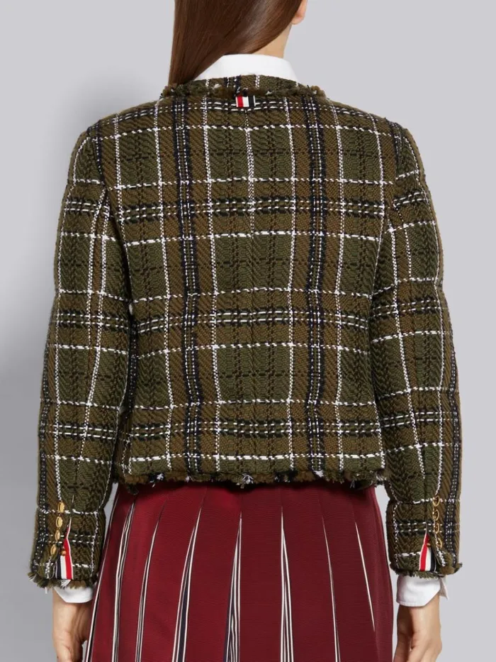 Downfilled Tartan Check Tweed Frayed Oversized Cardigan Sport Coat Dark Green Women Thom Browne Outerwear