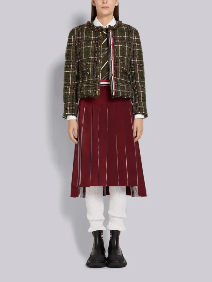 Downfilled Tartan Check Tweed Frayed Oversized Cardigan Sport Coat Dark Green Women Thom Browne Outerwear
