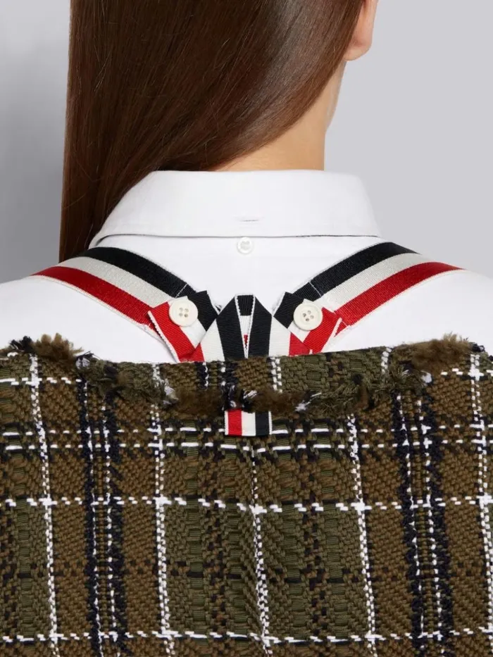 Downfilled Tartan Check Tweed Frayed Oversized Cardigan Sport Coat Dark Green Women Thom Browne Outerwear