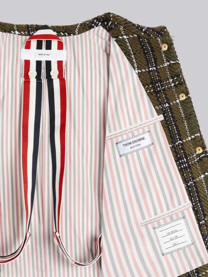 Downfilled Tartan Check Tweed Frayed Oversized Cardigan Sport Coat Dark Green Women Thom Browne Outerwear