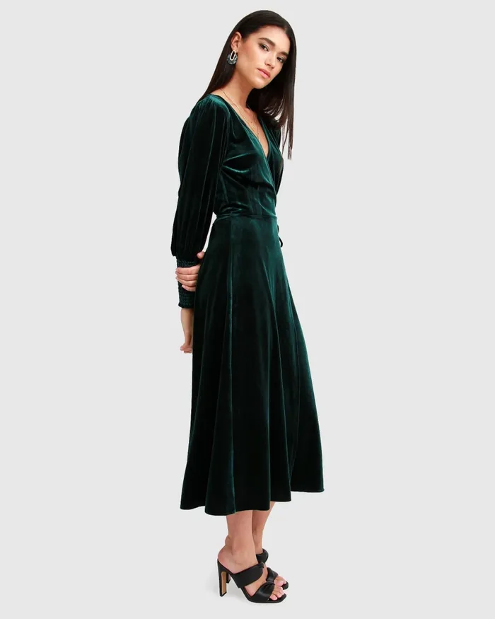 Dresses Belle and Bloom Women Current Mood Velvet Wrap Dress 8211 Dark Green