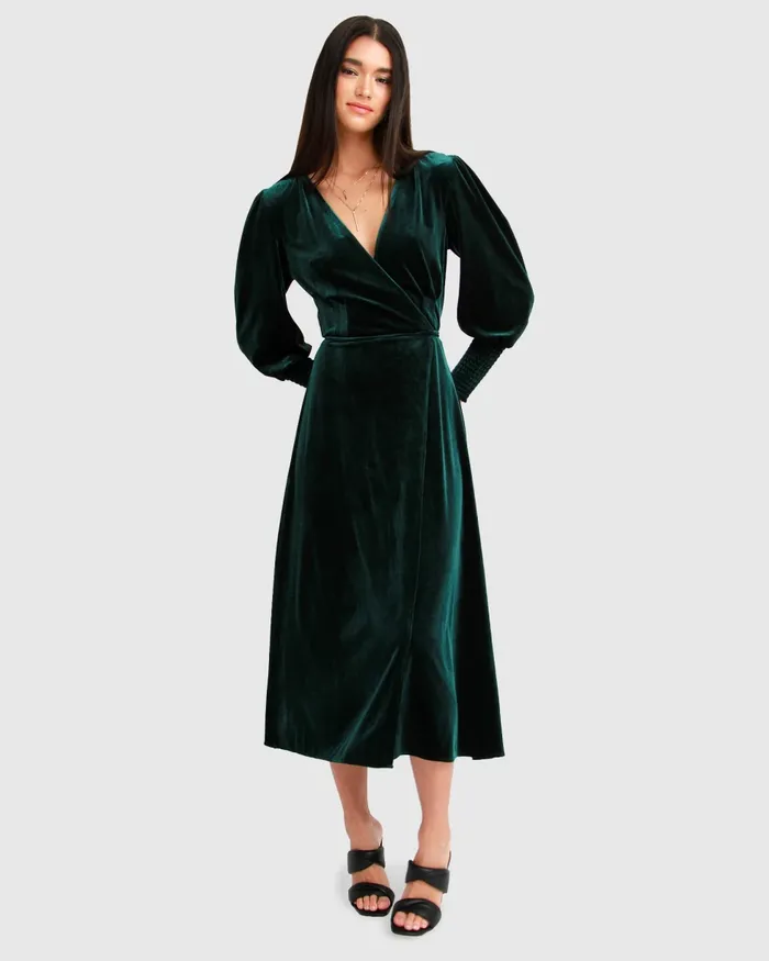 Dresses Belle and Bloom Women Current Mood Velvet Wrap Dress 8211 Dark Green