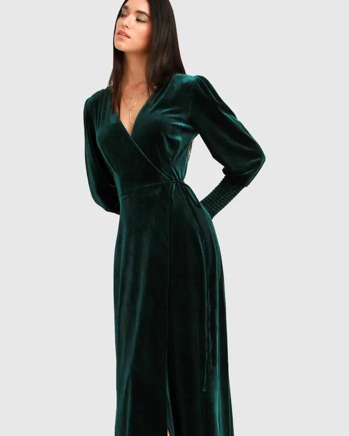 Dresses Belle and Bloom Women Current Mood Velvet Wrap Dress 8211 Dark Green