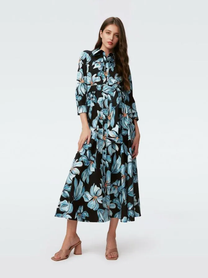 DVF Dresses Blaine Cotton Poplin Dress Huge Opera Floral Black 8211 Women
