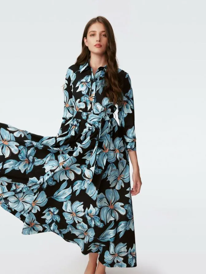 DVF Dresses Blaine Cotton Poplin Dress Huge Opera Floral Black 8211 Women