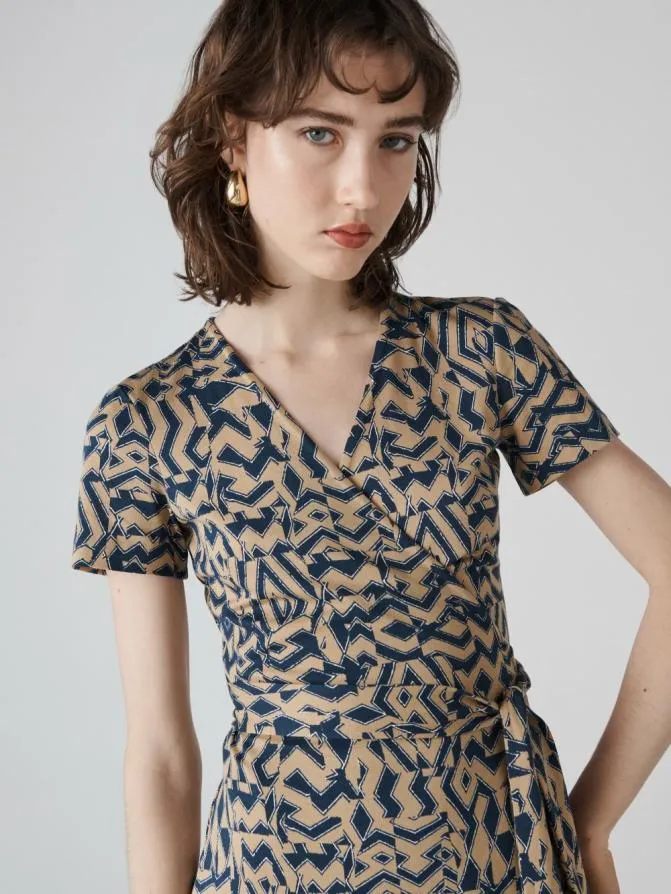 DVF Dresses Julian Short Sleeve Wrap Dress Tiny Troy Maze Beige 8211 Women