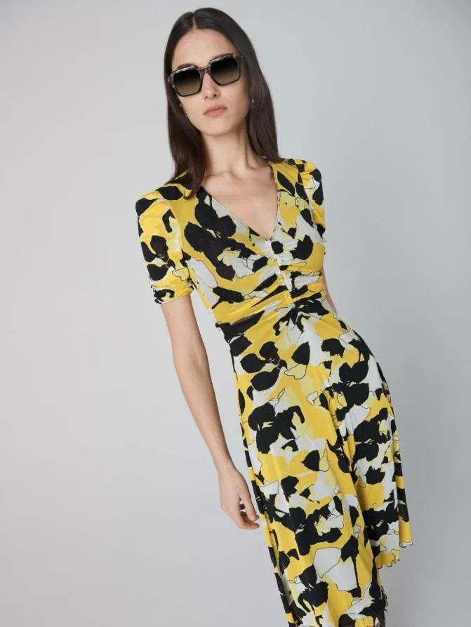 DVF Dresses Koren Reversible Mesh Dress Tiny Paper Sun Yellow And Egon039s Floral Yellow 8211 Women