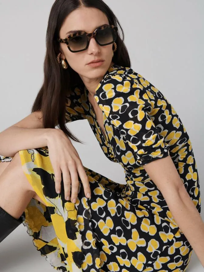 DVF Dresses Koren Reversible Mesh Dress Tiny Paper Sun Yellow And Egon039s Floral Yellow 8211 Women