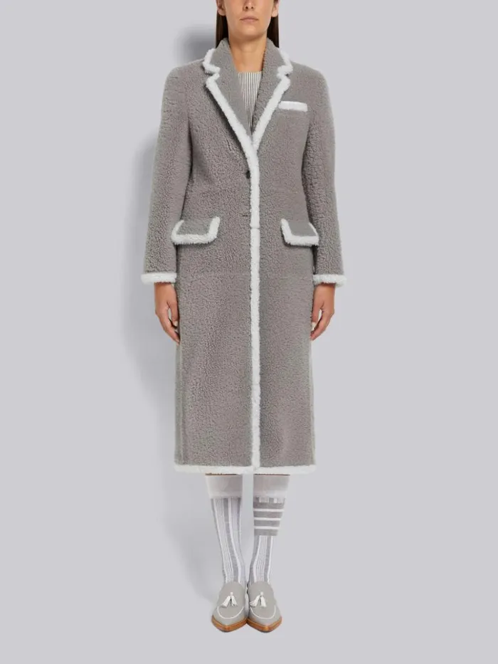 Dyed Shearling Contrast Framing Wide Lapel Overcoat Medium Grey Women Thom Browne Outerwear Dyed Shearling Contrast Framing Wide Lapel Overcoat Medium Grey Women Thom Browne Outerwear