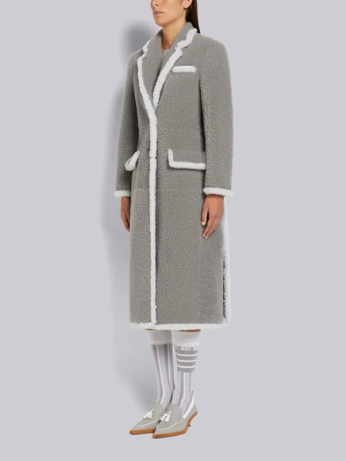 Dyed Shearling Contrast Framing Wide Lapel Overcoat Medium Grey Women Thom Browne Outerwear