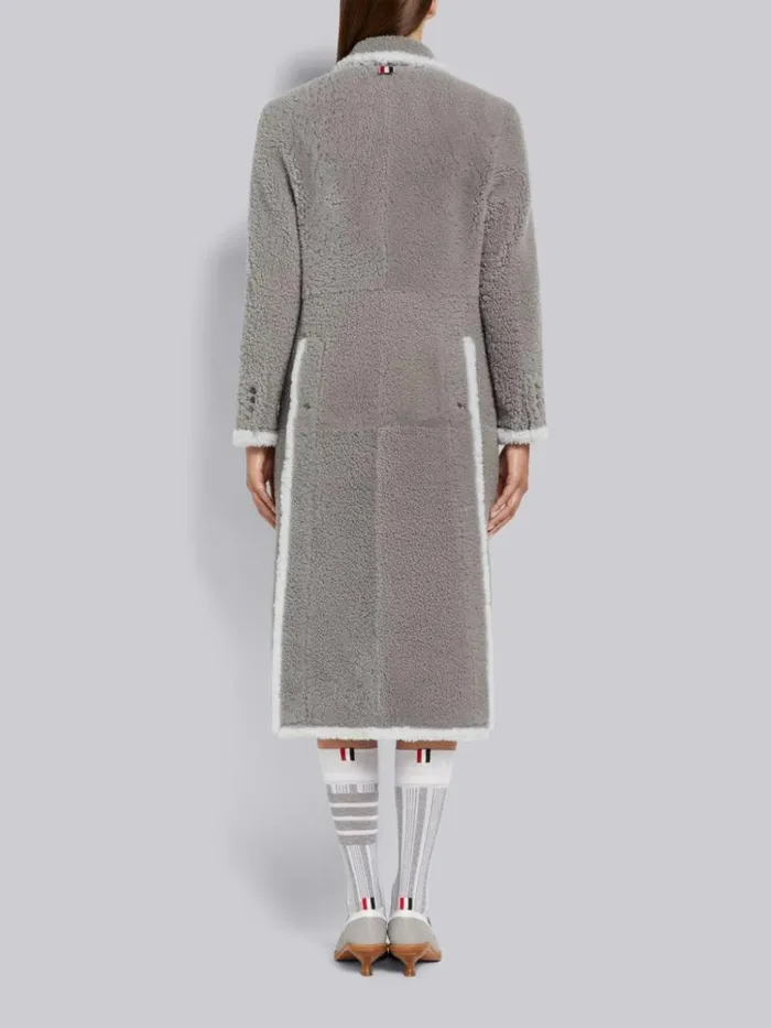Dyed Shearling Contrast Framing Wide Lapel Overcoat Medium Grey Women Thom Browne Outerwear