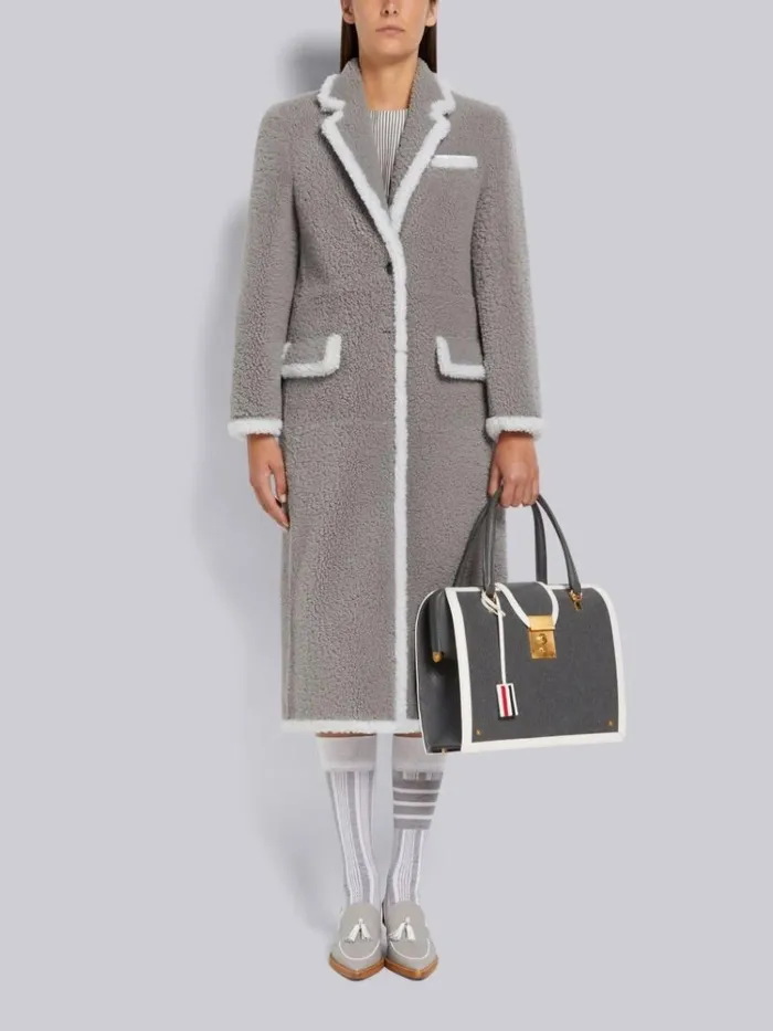 Dyed Shearling Contrast Framing Wide Lapel Overcoat Medium Grey Women Thom Browne Outerwear