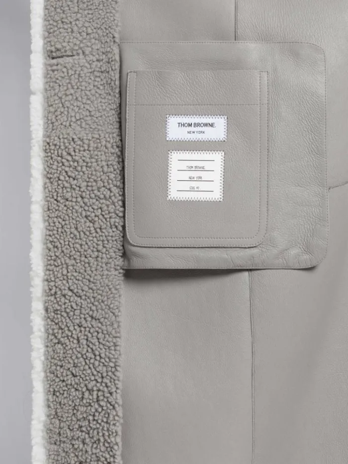 Dyed Shearling Contrast Framing Wide Lapel Overcoat Medium Grey Women Thom Browne Outerwear