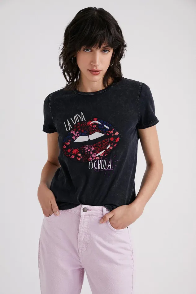Embroidered Lip Patch Tshirt Women Desigual Tshirts