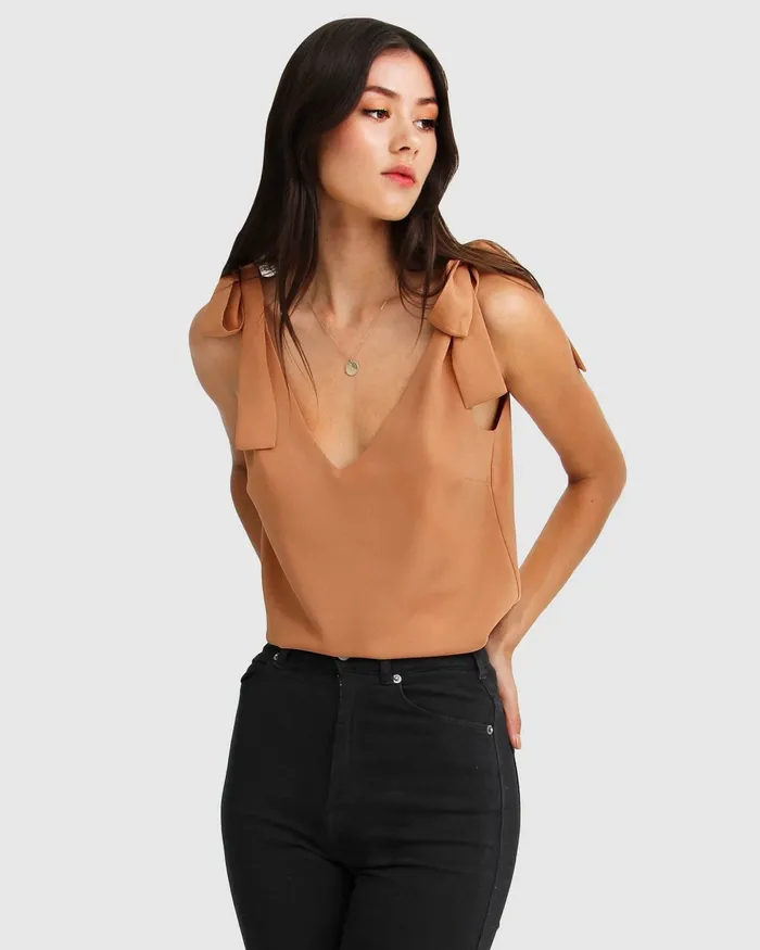 Feel For You VNeck Top 8211 Camel Tops Belle and Bloom Women