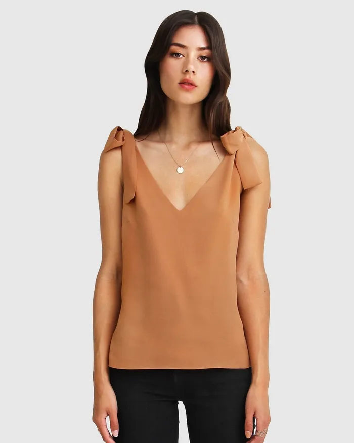 Feel For You VNeck Top 8211 Camel Tops Belle and Bloom Women
