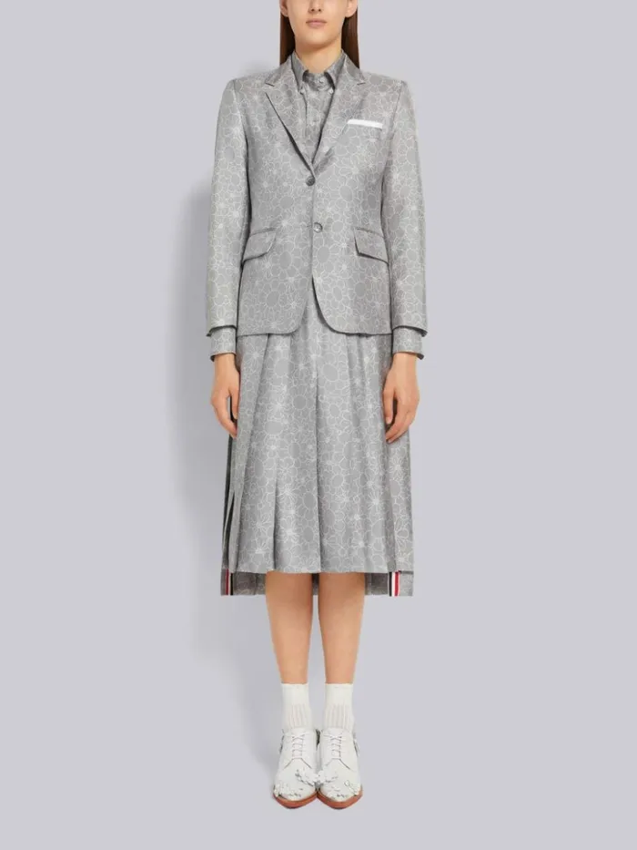 Floral Toile Printed Silk Dropped Back Below The Knee Pleated Skirt Medium Grey Women Thom Browne Skirts