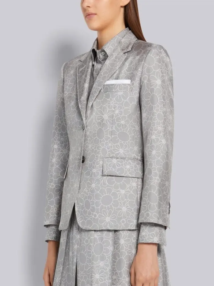 Floral Toile Printed Silk Half Lined Classic Sport Coat Medium Grey Women Thom Browne Jackets