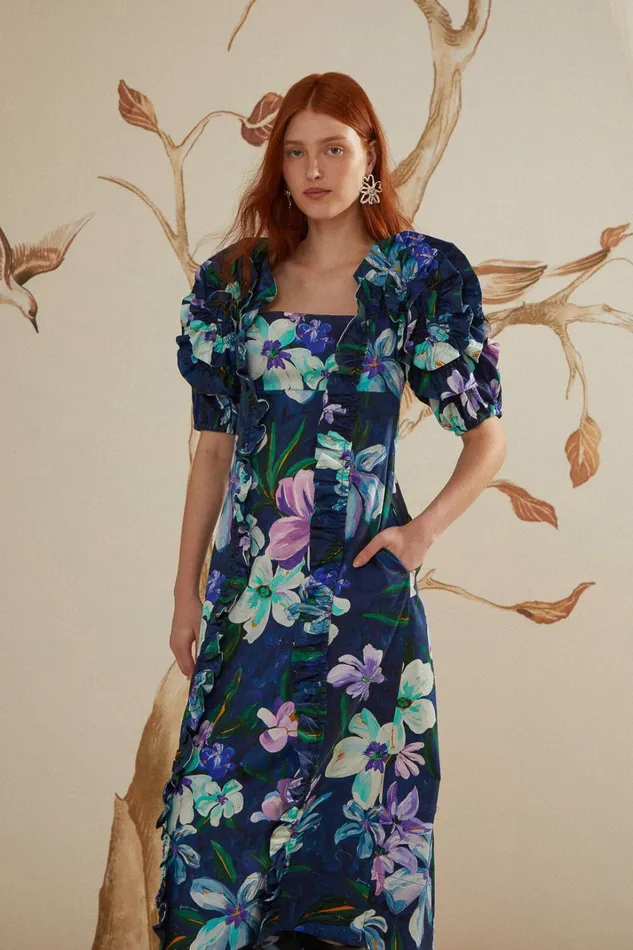 Floraline Ruffle Short Sleeve Midi Dress Women FARM Rio Midi Dresses Floraline Ruffle Short Sleeve Midi Dress Women FARM Rio Midi Dresses