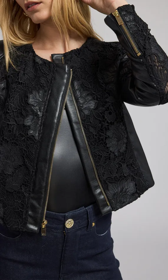 Generation Love Clothing Outerwear Women Dalma Vegan Leather Guipure Jacket Black