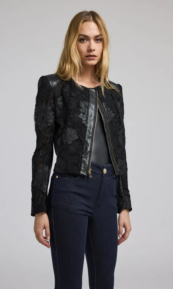 Generation Love Clothing Outerwear Women Dalma Vegan Leather Guipure Jacket Black