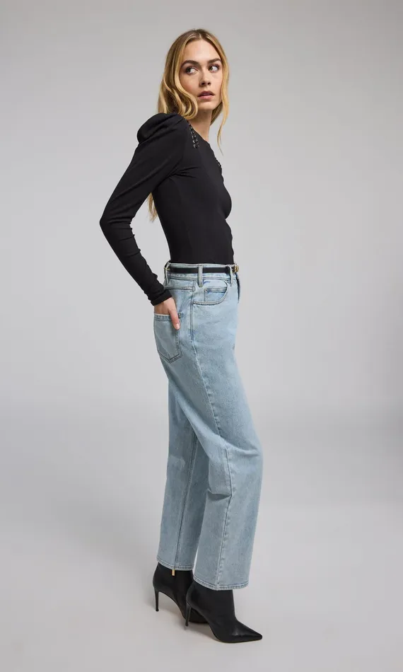 Generation Love Clothing Pants Women Emmett Denim Pants With Vegan Leather Belt Light Blueblack