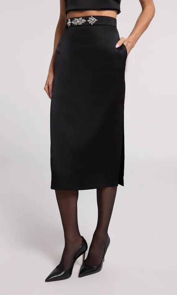 Generation Love Clothing Skirts Women Kori Crystal Embellished Satin Skirt Blackclear