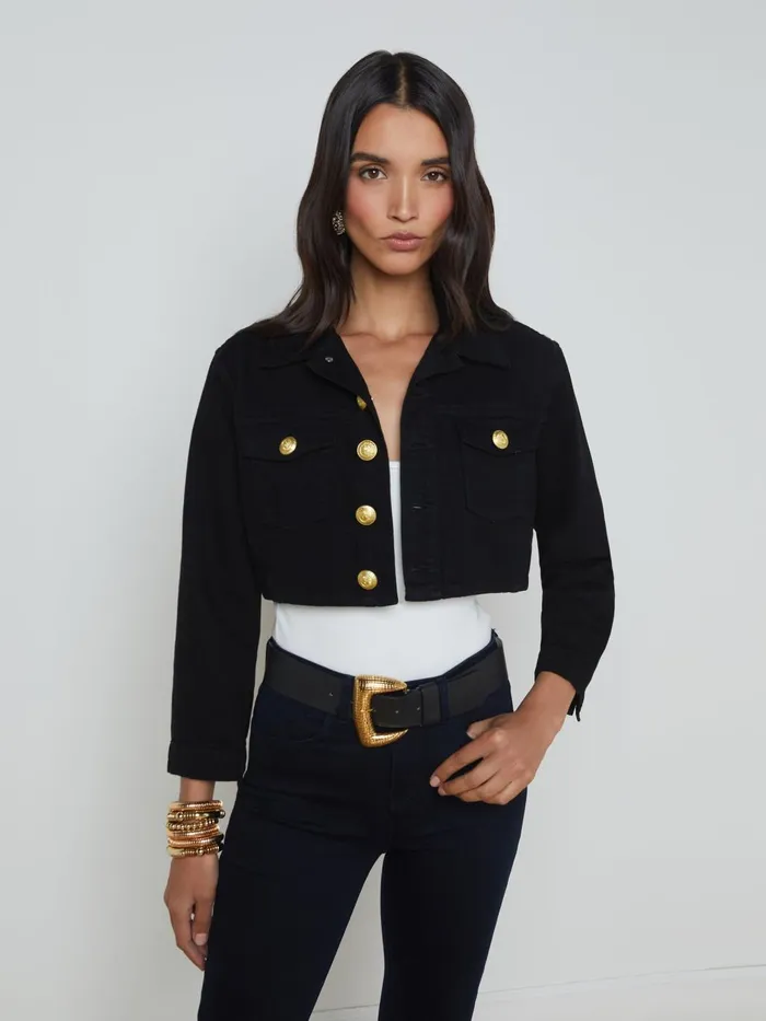 Genevie Cropped Denim Jacket Noir Women L039Agence Blazers and Jackets