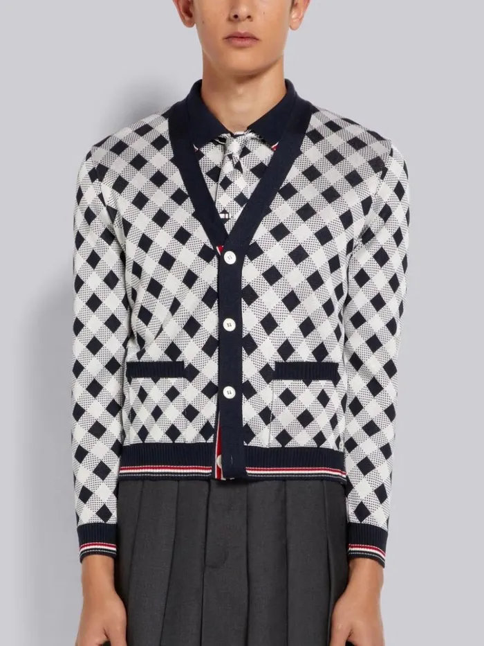 Gingham Cotton Silk Stripe Tipping Vneck Cardigan Navy Men Thom Browne Knitwear Gingham Cotton Silk Stripe Tipping Vneck Cardigan Navy Men Thom Browne Knitwear