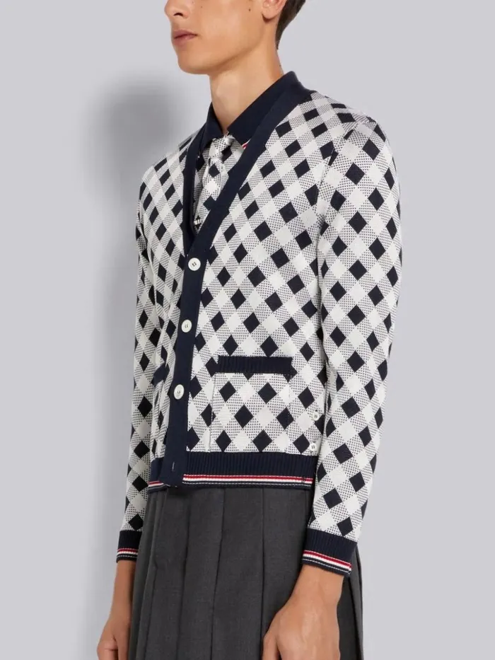 Gingham Cotton Silk Stripe Tipping Vneck Cardigan Navy Men Thom Browne Knitwear