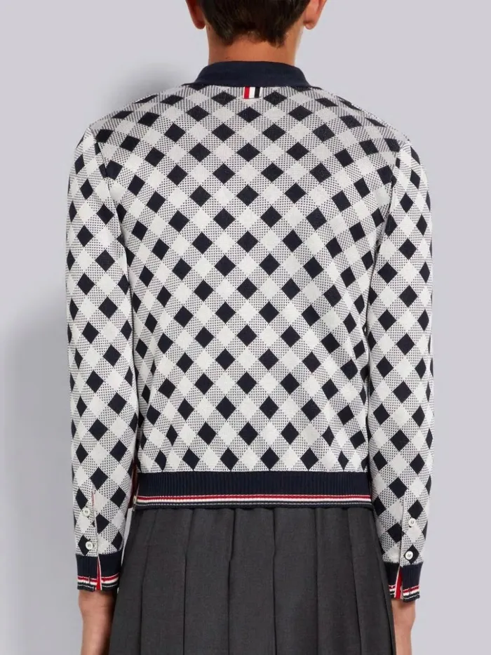 Gingham Cotton Silk Stripe Tipping Vneck Cardigan Navy Men Thom Browne Knitwear