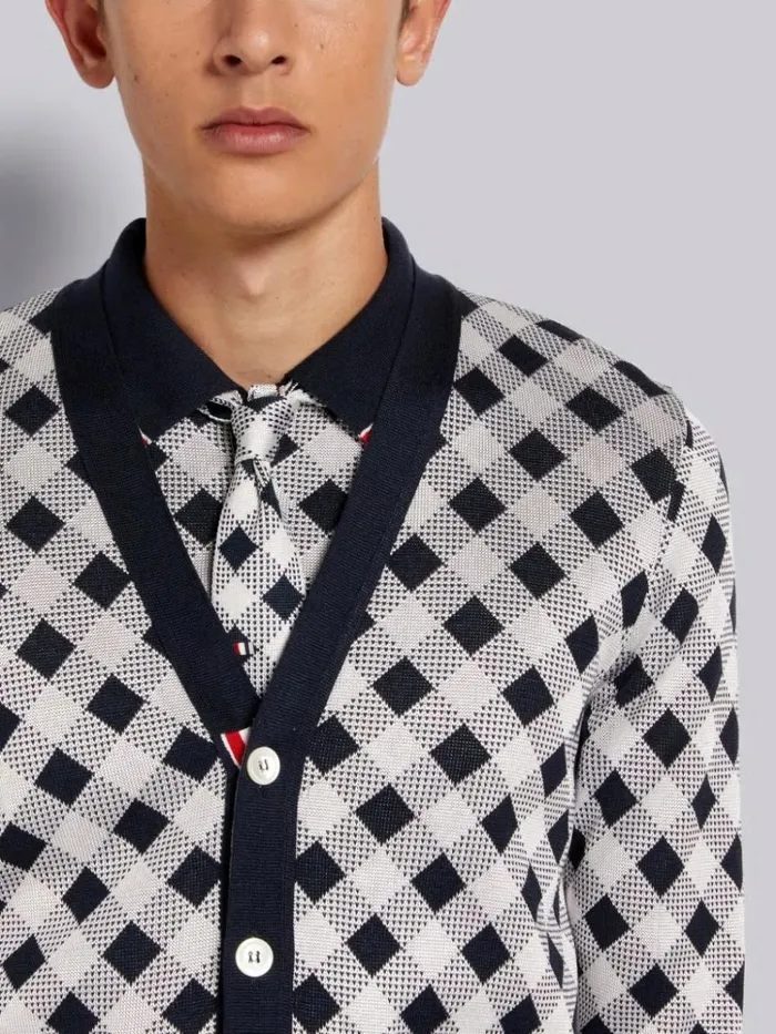 Gingham Cotton Silk Stripe Tipping Vneck Cardigan Navy Men Thom Browne Knitwear