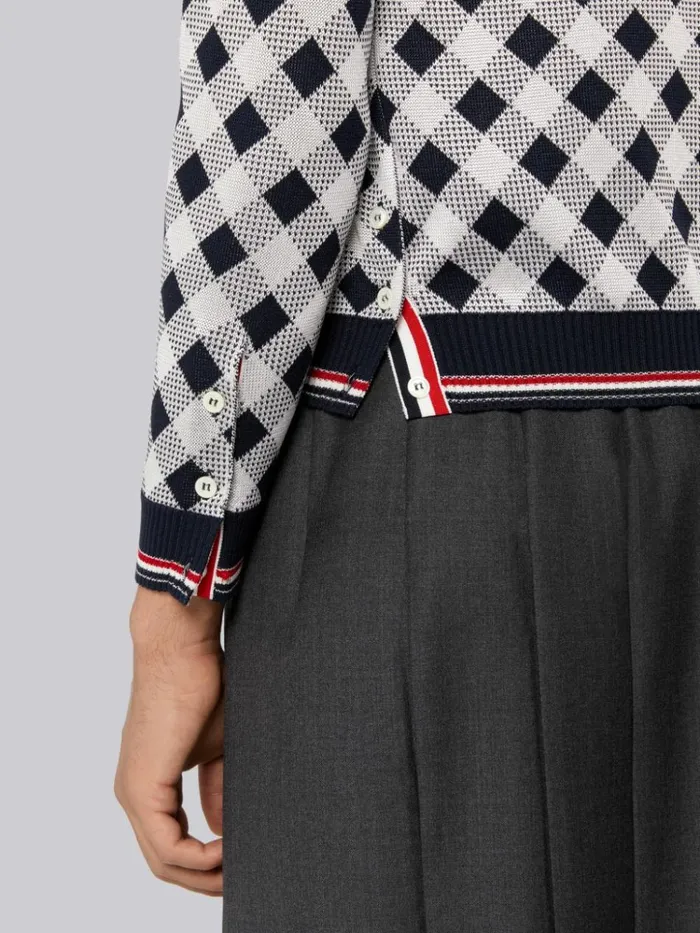 Gingham Cotton Silk Stripe Tipping Vneck Cardigan Navy Men Thom Browne Knitwear