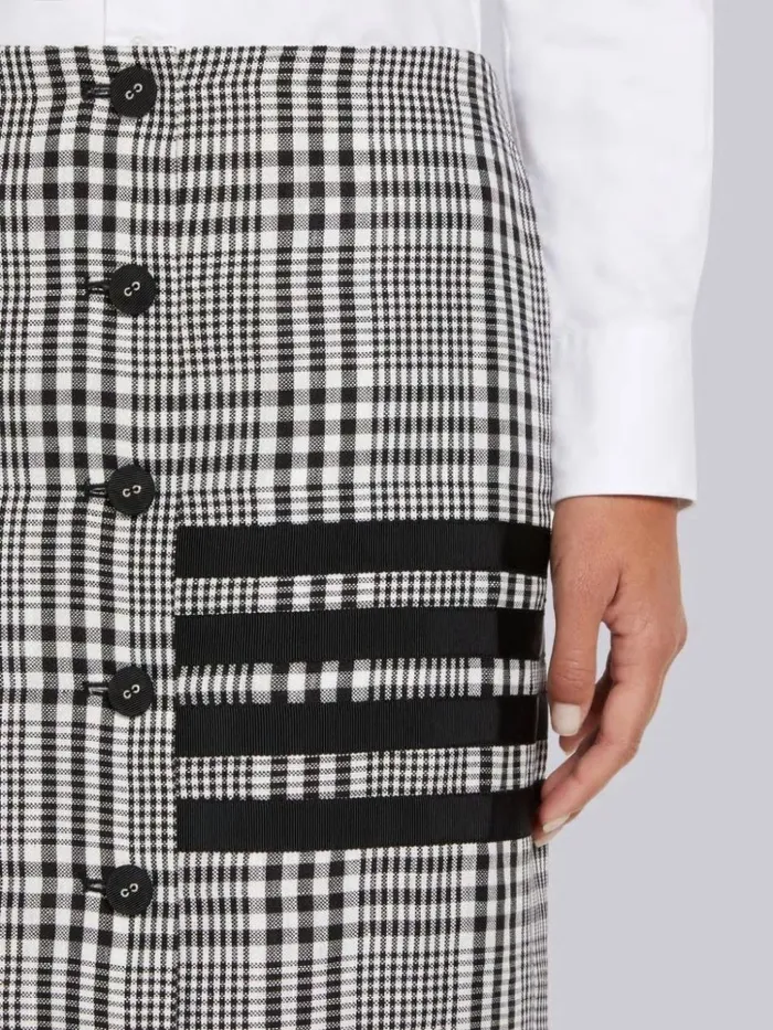 Gingham Crispy Linen 4bar Low Rise Button Front Ankle Length Cardigan Skirt Black And White Women Thom Browne Skirts
