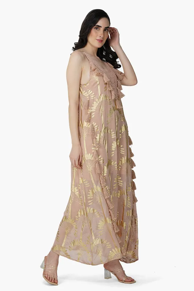Golden Taupe Foil Printed Strap Maxi Dress Golden Taupe Foil Printed Strap Maxi Dress