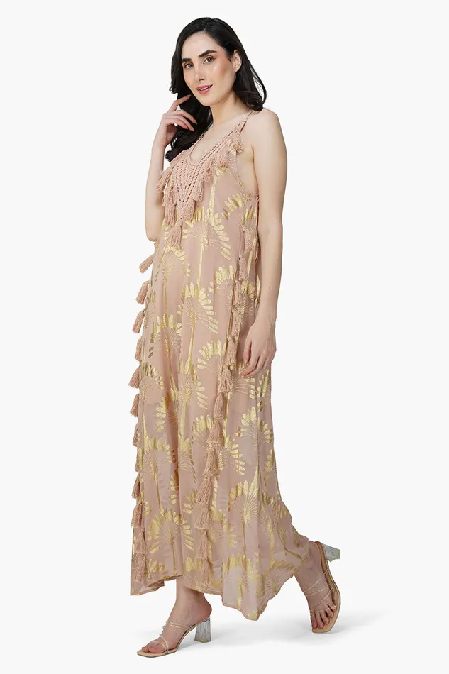 Golden Taupe Foil Printed Strap Maxi Dress Golden Taupe Foil Printed Strap Maxi Dress