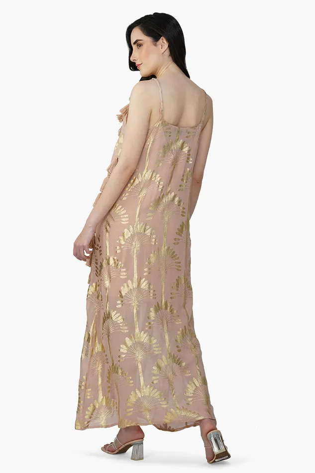 Golden Taupe Foil Printed Strap Maxi Dress Golden Taupe Foil Printed Strap Maxi Dress
