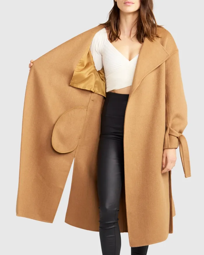 Head Over Heels Collarless Robe Coat 8211 Camel Women Coats and Jackets Belle and Bloom