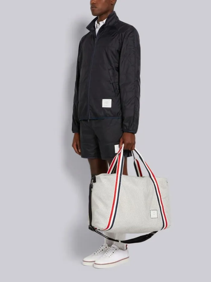 Heavy Athletic Mesh Stripe Webbing Strap Gym Bag Medium Grey Men Thom Browne Backpacks and Bumbags