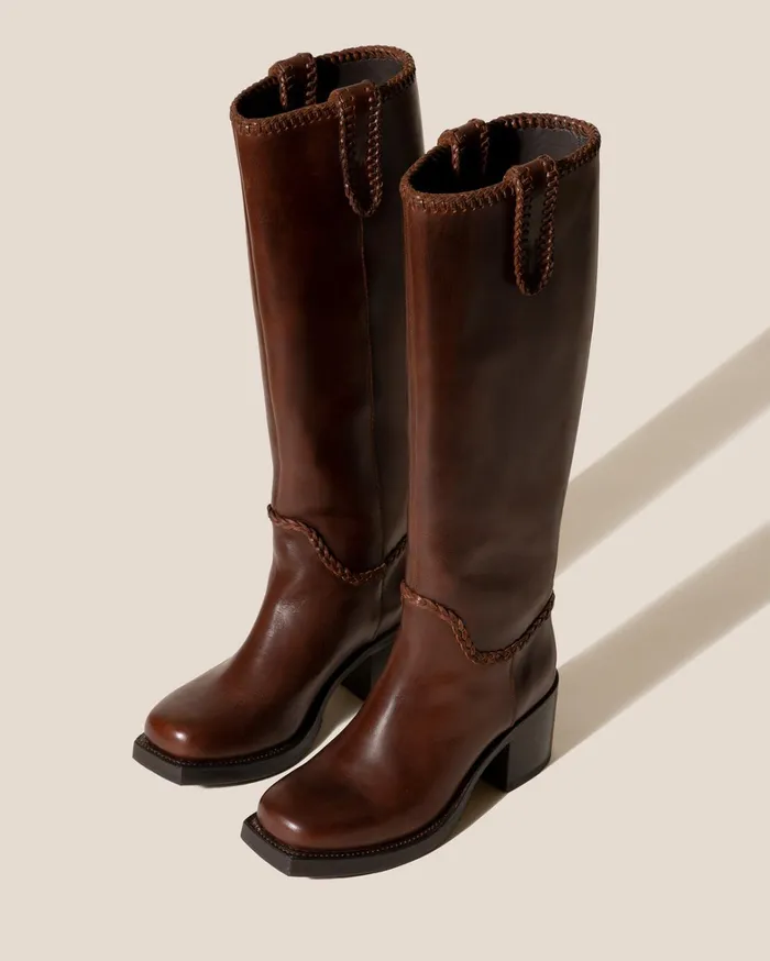 Hereu CALOBRA 8211 Heeled SquareToe Braided Detail KneeHigh Boot Women Boots