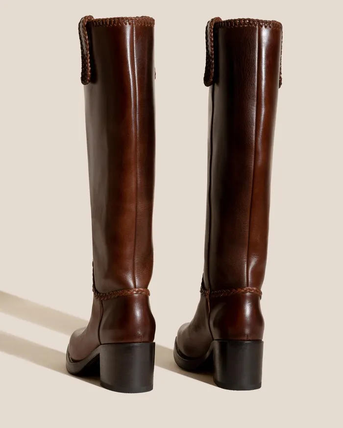 Hereu CALOBRA 8211 Heeled SquareToe Braided Detail KneeHigh Boot Women Boots