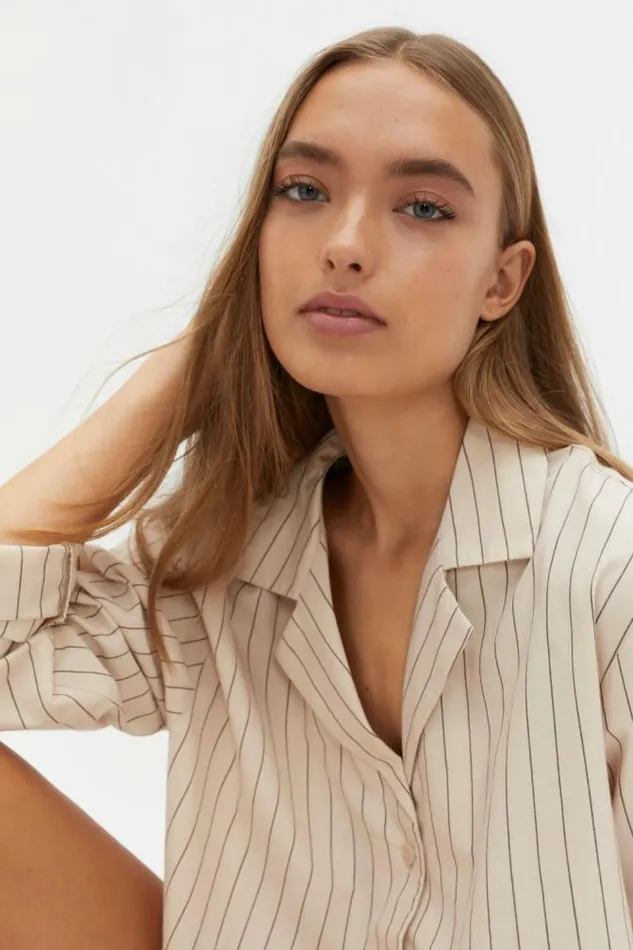 HomeWomen Sleepwear Seed Heritage Stripe Long Sleeve Shirt And Short PJ Set Nougat Stripe