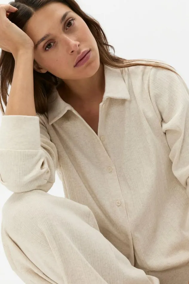 HomeWomen Sleepwear Seed Heritage Vertical Rib Shirt And Pant Set Oat Marle