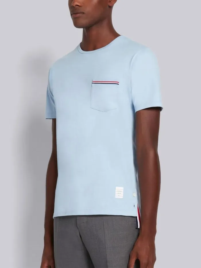 Jersey Cotton Striped Chest Pocket Tee Light Blue Men Thom Browne Tshirts and Polos