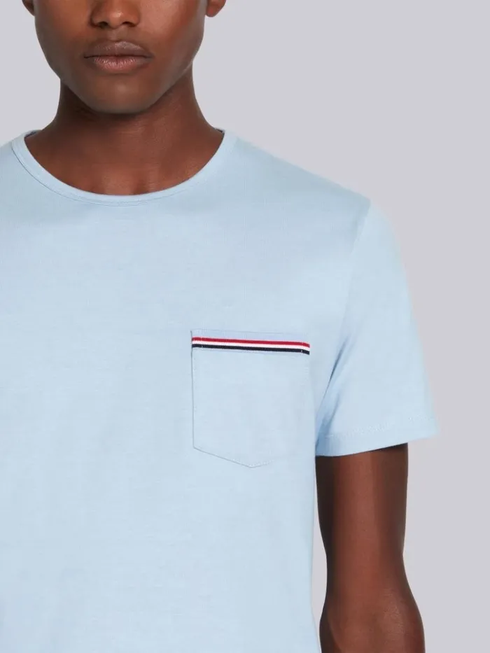 Jersey Cotton Striped Chest Pocket Tee Light Blue Men Thom Browne Tshirts and Polos