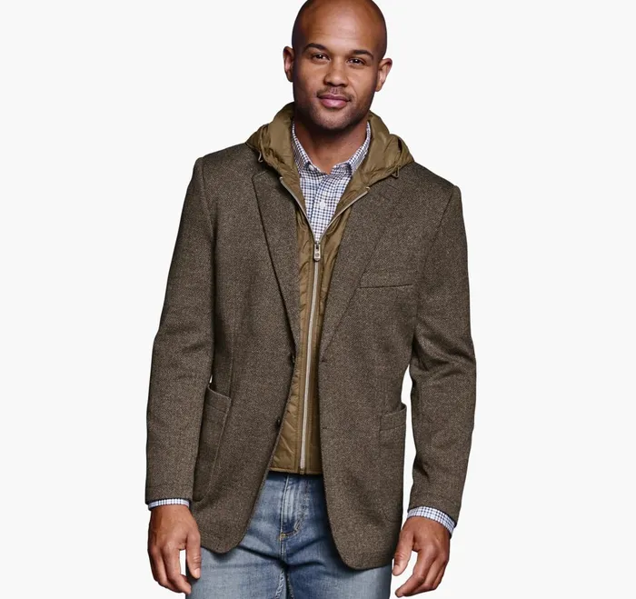 JohnstonandMurphy Blazers Removable HoodedBib Knit Blazer Camelnavy 8211 Men